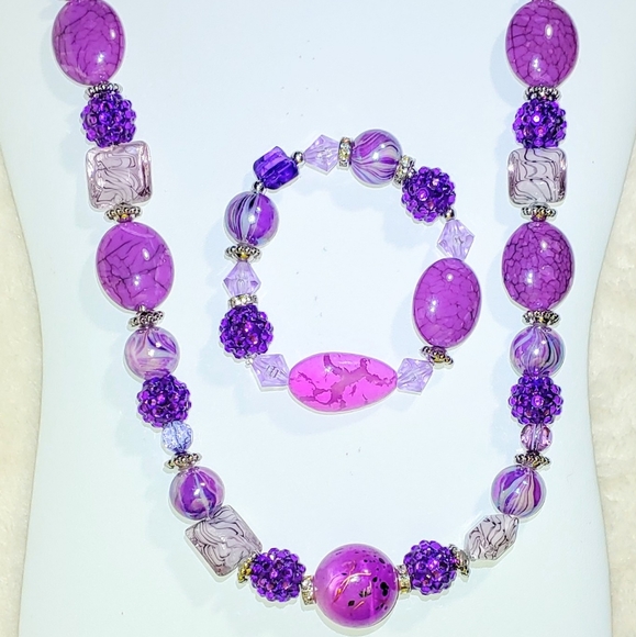 247NEB117 Handmade 3 Pc. Purple Beaded  Necklace Set - Picture 5 of 7
